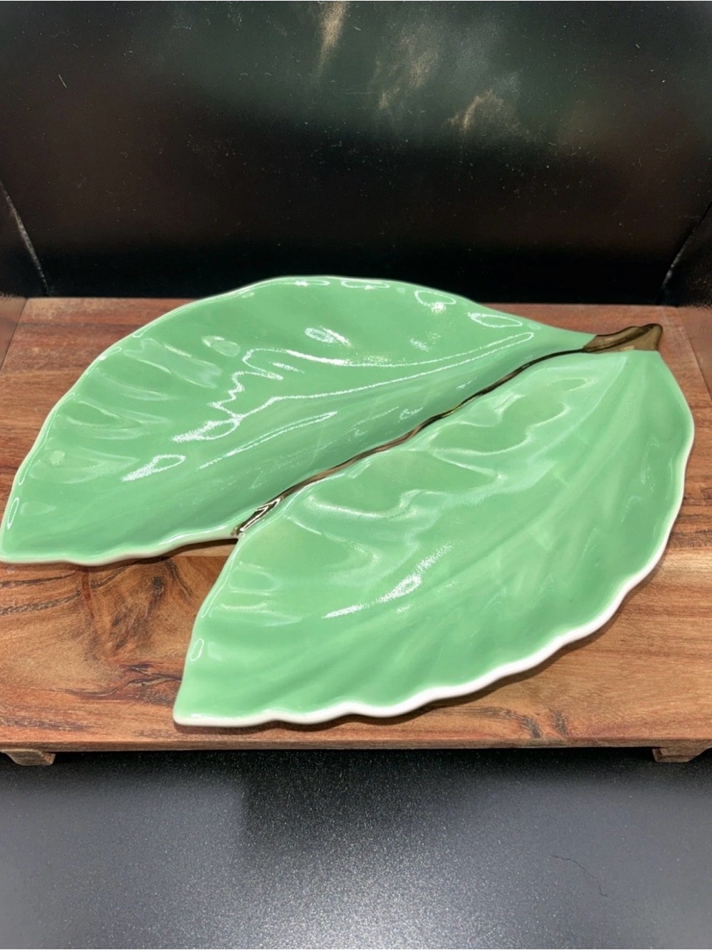 Vintage Green Leaf Dish Hand Decorated 22K Gold Trim Mid Century Ceramic